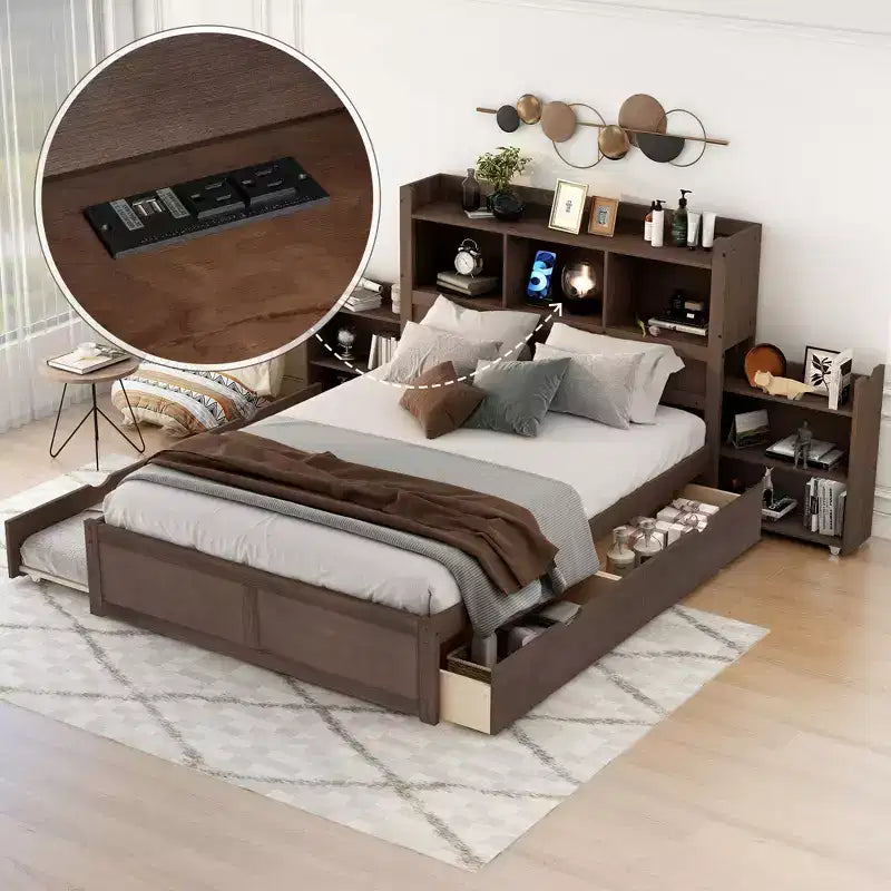 Plattformbett in voller Größe mit Stauraum, Ausziehbett, Kopfteil mit Bücherregal und Ladestation, Bettgestell aus Holz in voller Größe mit Regalen und Schubladen