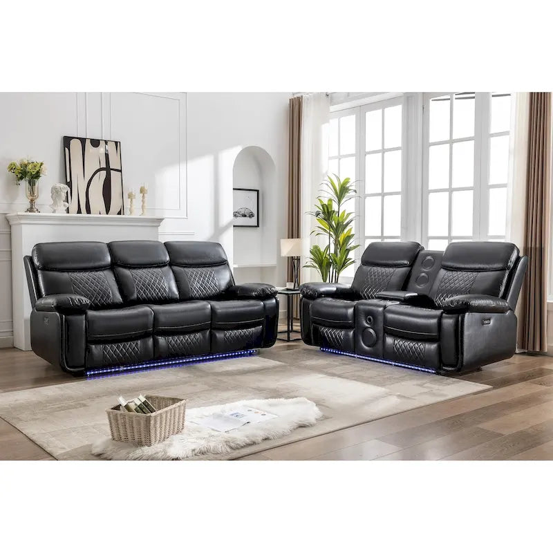 Elektrisches Liegesofa mit kabelloser Ladestation, Leselampe, LED-Beleuchtung für Wohnzimmer, Kunstleder, AC-/USB-Anschluss, Getränkehalter, Schwarz