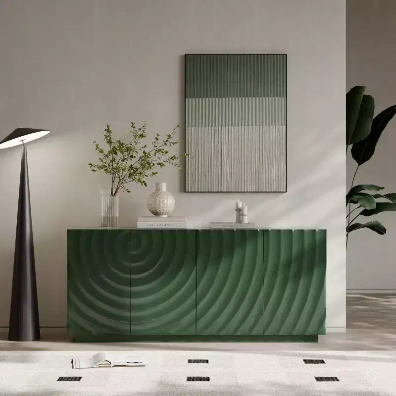 59 Modernes Spiral-Sideboard-Buffetschrank, flaches Kunst-Eingangs-Aufbewahrungsschrank mit 3D-Riffeltextur-Türen