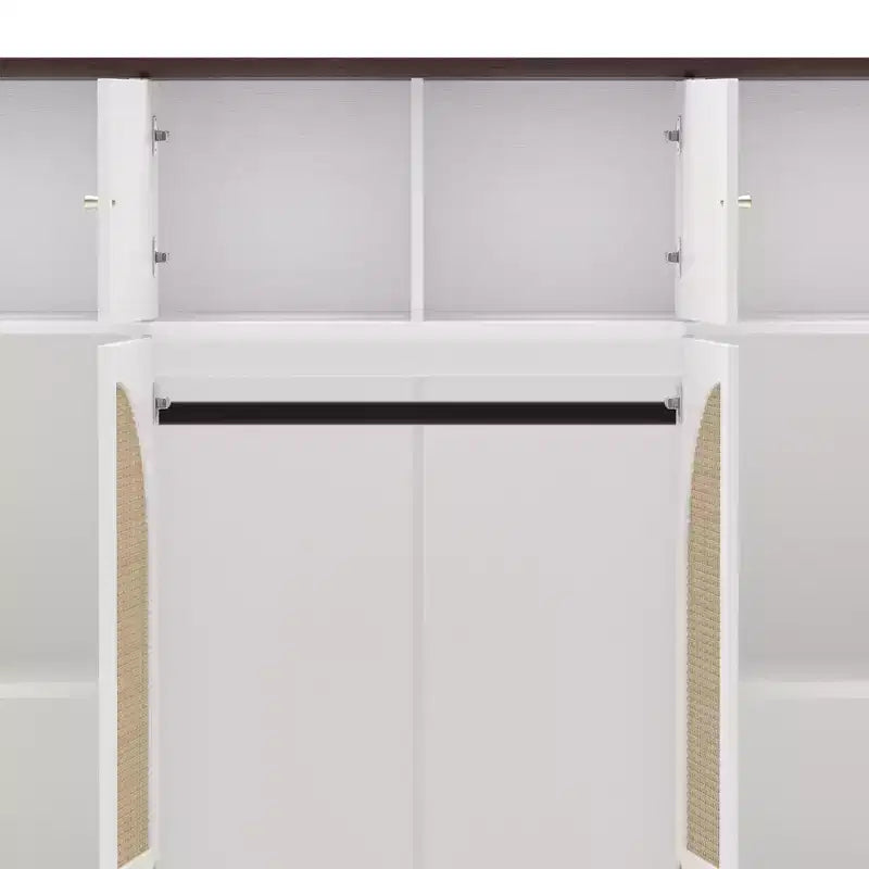 70.87Tall 8-türiger Kleiderschrank mit großer Kapazität, Kleiderstange, verstellbaren Regalböden und Rattantüren