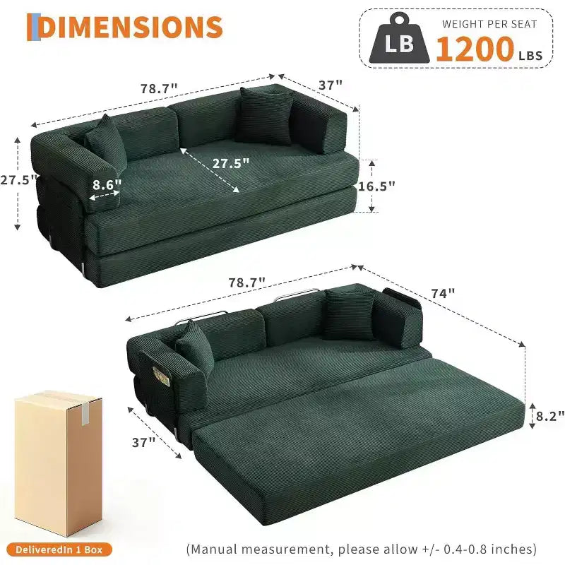 Cord-Boden-Schlafsofa mit Kissen, umwandelbaren Armlehnen und Rückenlehne, geeignet für Wohnzimmer, Schlafzimmer und Apartments.