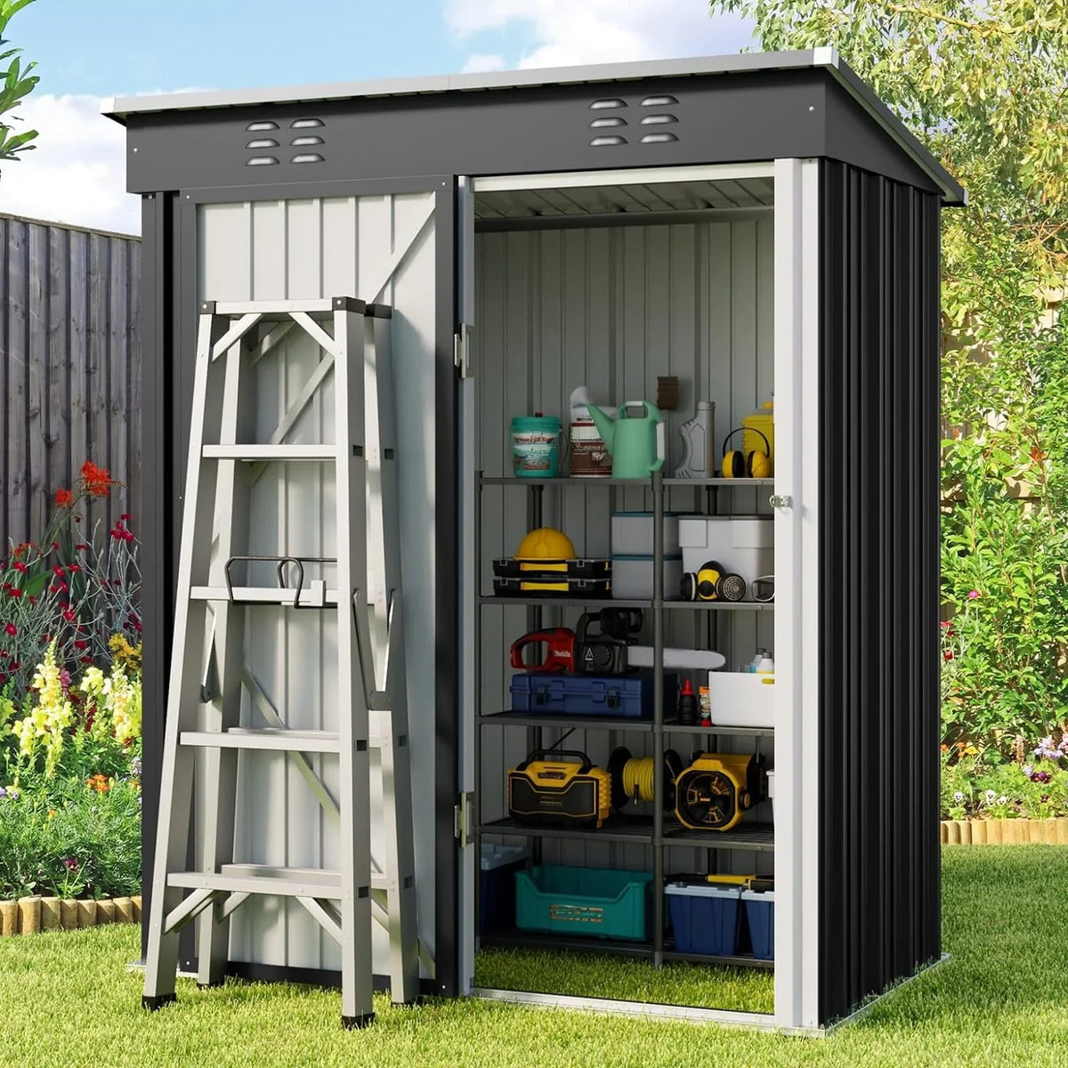 Outdoor-Geräteschuppen aus Metall mit abschließbarer Tür für Gartenmöbel und Werkzeuge