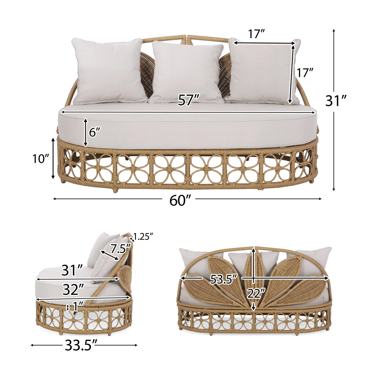 Homan Outdoor-Tagesbett aus Korbgeflecht mit Kissen, Hellbraun und Beige