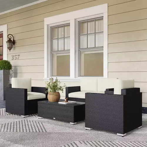 4-teiliges Rattan-Sofa-Set, Korbsessel-Set mit Zweisitzer, Couchtisch mit Glasplatte für Garten und Außenbereich