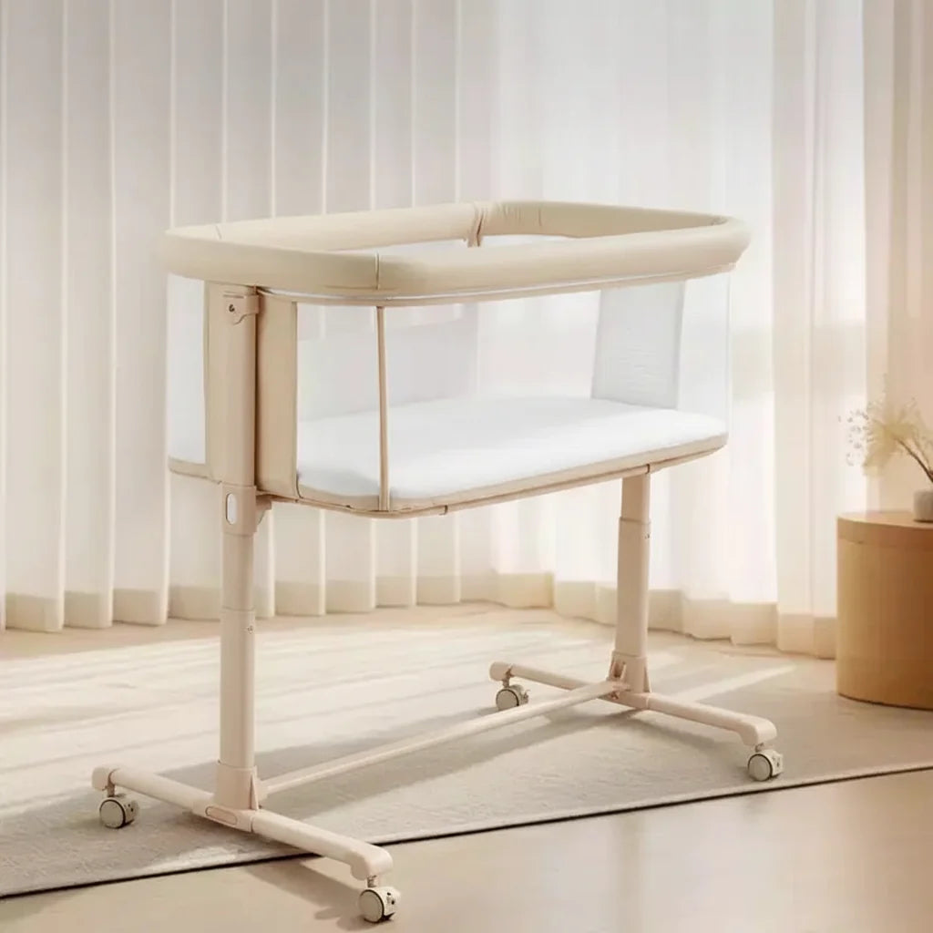 Baby-Beistellbett mit Rollen – Beige / Grau / Rosa, Bettschläfer, für 1 Baby