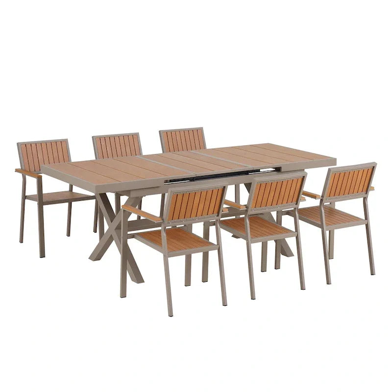 7-teiliges ausziehbares Outdoor-Essgruppe mit Ausziehtisch und 6 Armlehnstühlen