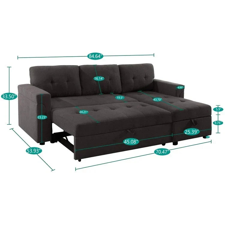 Verwandelbares, umbaubares Ecksofa mit ausziehbarem Schlafsofa, versteckter Aufbewahrung in der Récamiere und robusten Beinen