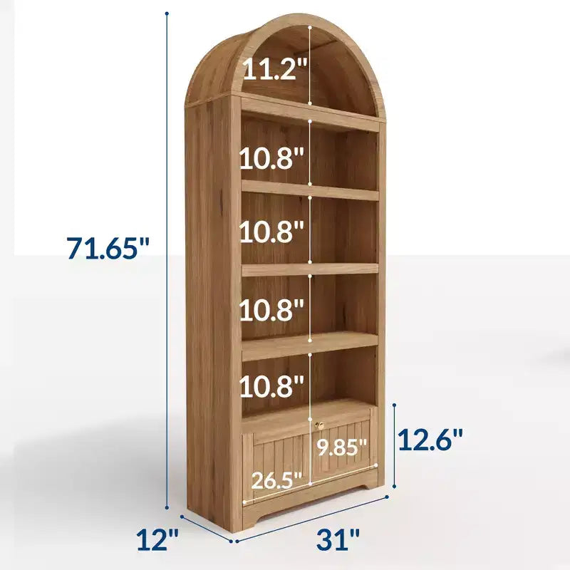 72" geschwungenes Bücherregal mit Aufbewahrungsschublade, modernes 6-stöckiges Holzregal mit offenen Fächern und unterer Schublade, gebogene Schranktür