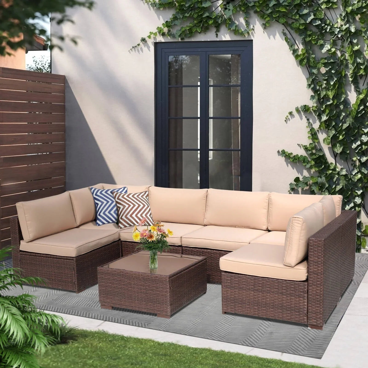 7-teiliges Outdoor-Sofa-Set aus Korbweide/Stahl mit Polstern