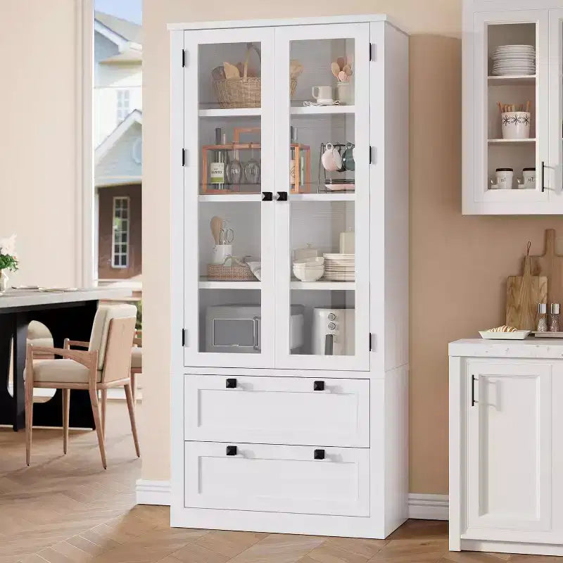 Farmhouse Küchenschrank mit Glastüren, 183 cm Vorratsschrank mit Schubladen und verstellbaren Regalböden für Esszimmer, Bad, Wohnzimmer