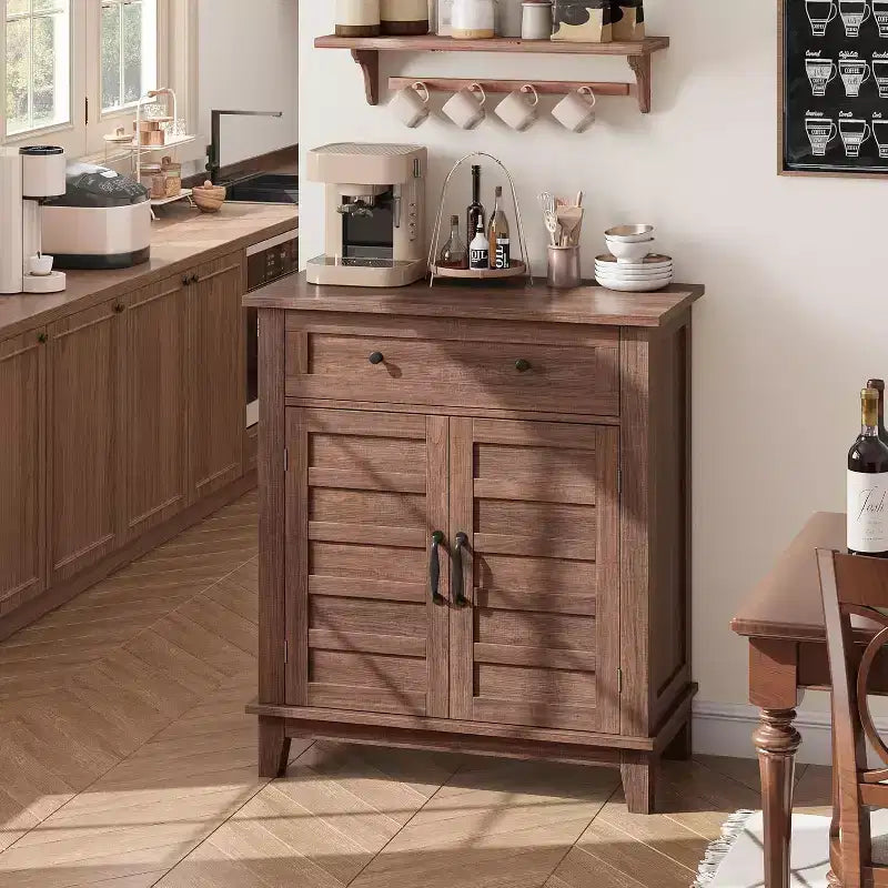 31,5" Rustikaler Aufbewahrungsschrank mit Lamellentüren, 3 verstellbare Ebenen, Doppeltürschrank, für Küche, Esszimmer und Heimbüro