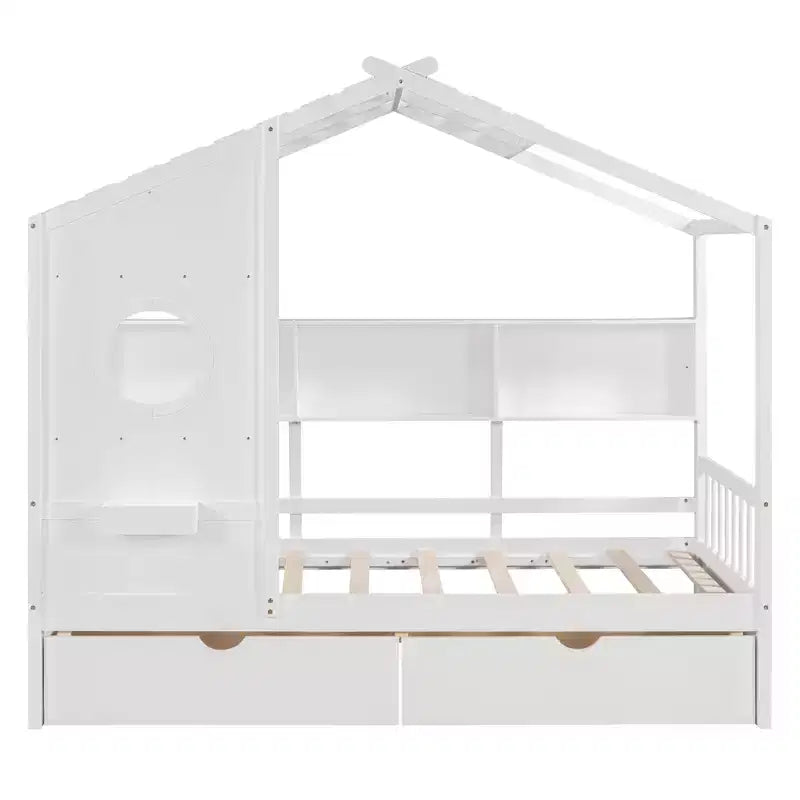 Hausbett aus Holz in Twin-/Full-Size mit 2 Schubladen, Kinderbett mit Ablageregal - ModernLuxe