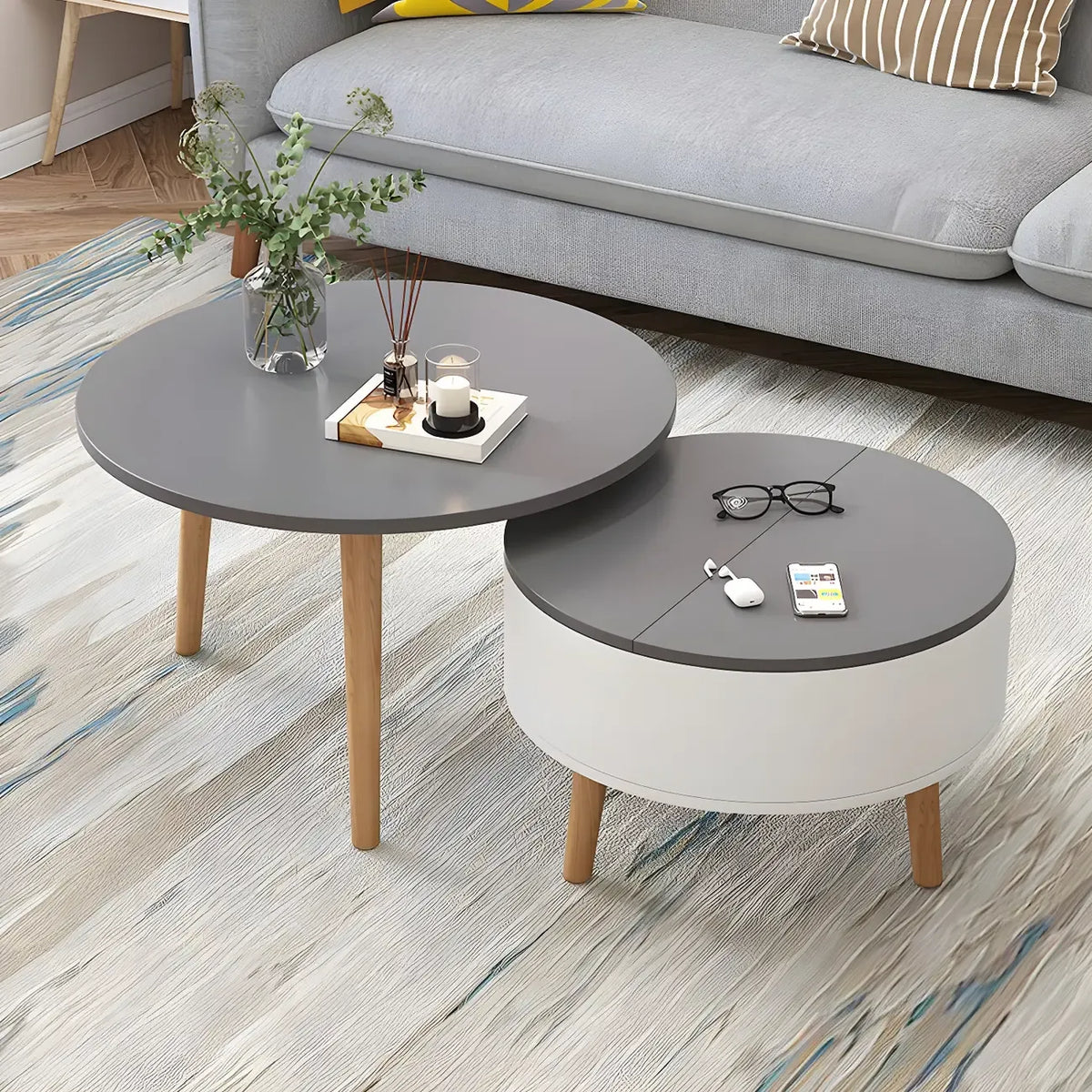 Schwarz Weiß Moderner Runder Couchtisch aus Holz mit Stauraum