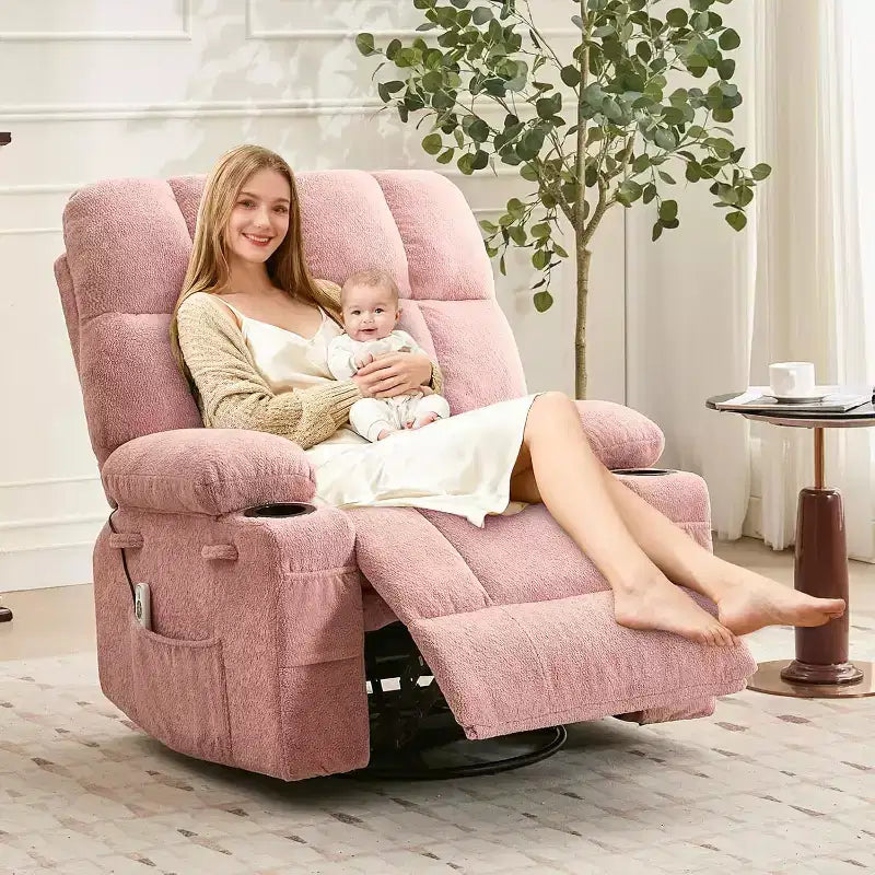 Übergroßer Relaxsessel für Erwachsene, Manueller Dreh-Schaukelsofa, Seitentaschen & Getränkehalter für Große und Schwergewichtige, Wohnzimmer