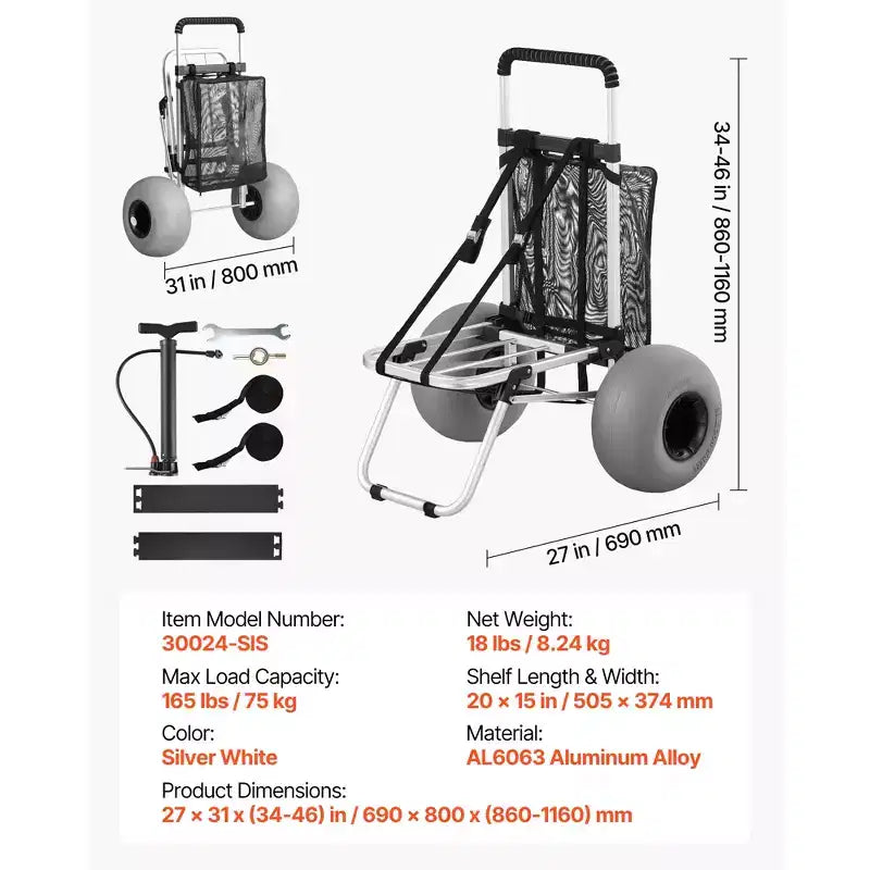 VEVOR Strand-Dolly mit großen Rädern für Sand, 50,8 x 38,1 cm Ladefläche, faltbarer Sandwagen mit 30,5 cm Ballonrädern, 75 kg Tragkraft, Silber+Schwarz
