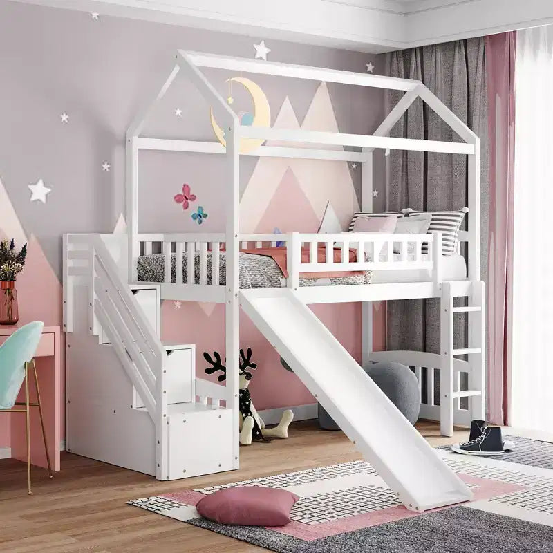 Doppelhaus-Hochbett mit Rutsche und Treppe, Hochbett mit Aufbewahrungsschubladen, Holzhaus-Hochbett für Kinder und Kleinkinder