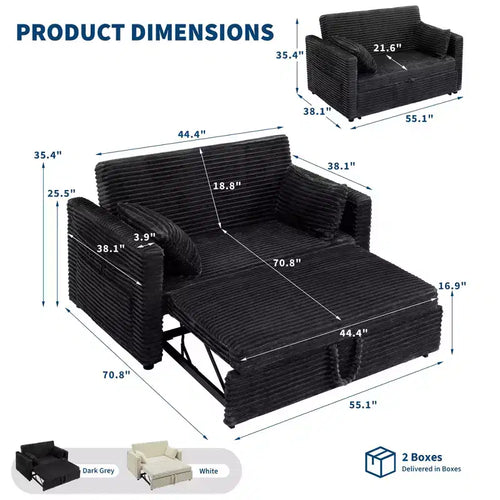 55 Convertible Schlafsofa mit ausziehbarer Fußstütze & verstellbarer Rückenlehne, platzsparendes Sofa für kleine Wohnungen