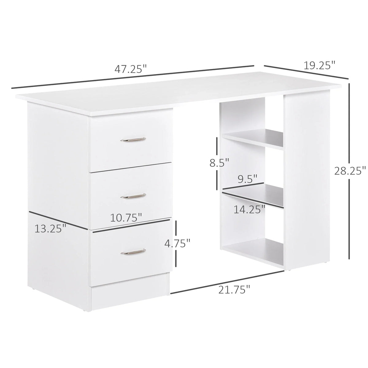 HOMCOM 47 Moderner Home-Office Computertisch Regal Kombination Schreibtisch Arbeitstisch mit 3 Schubladen und Ablagefach - Weiß