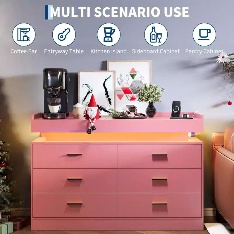 Moderner TV-Schrank mit 6 Schubladen & LED-Beleuchtung, schwebende Arbeitsplatte als Kaffeebar für Wohnzimmer Entertainment Center