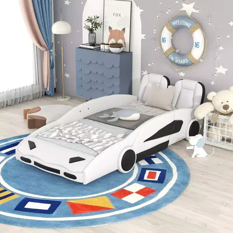 Whisen Wood Plattformbett in Rennwagen-Form, Twin-Größe, mit LED-Beleuchtung und gepolsterter Rückenlehne