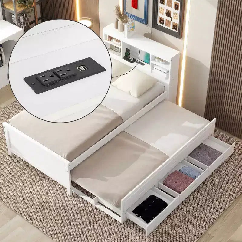 Plattformbett mit Rollbett und Schubladen, Stauraumbett mit USB-Anschluss, Holzbett mit Bücherregal