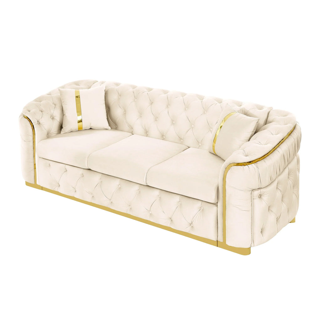 90.6 Samt-Dreisitzer-Sofa mit 2 Kissen, hochdichten Polstern, goldenen Akzenten und Kissen