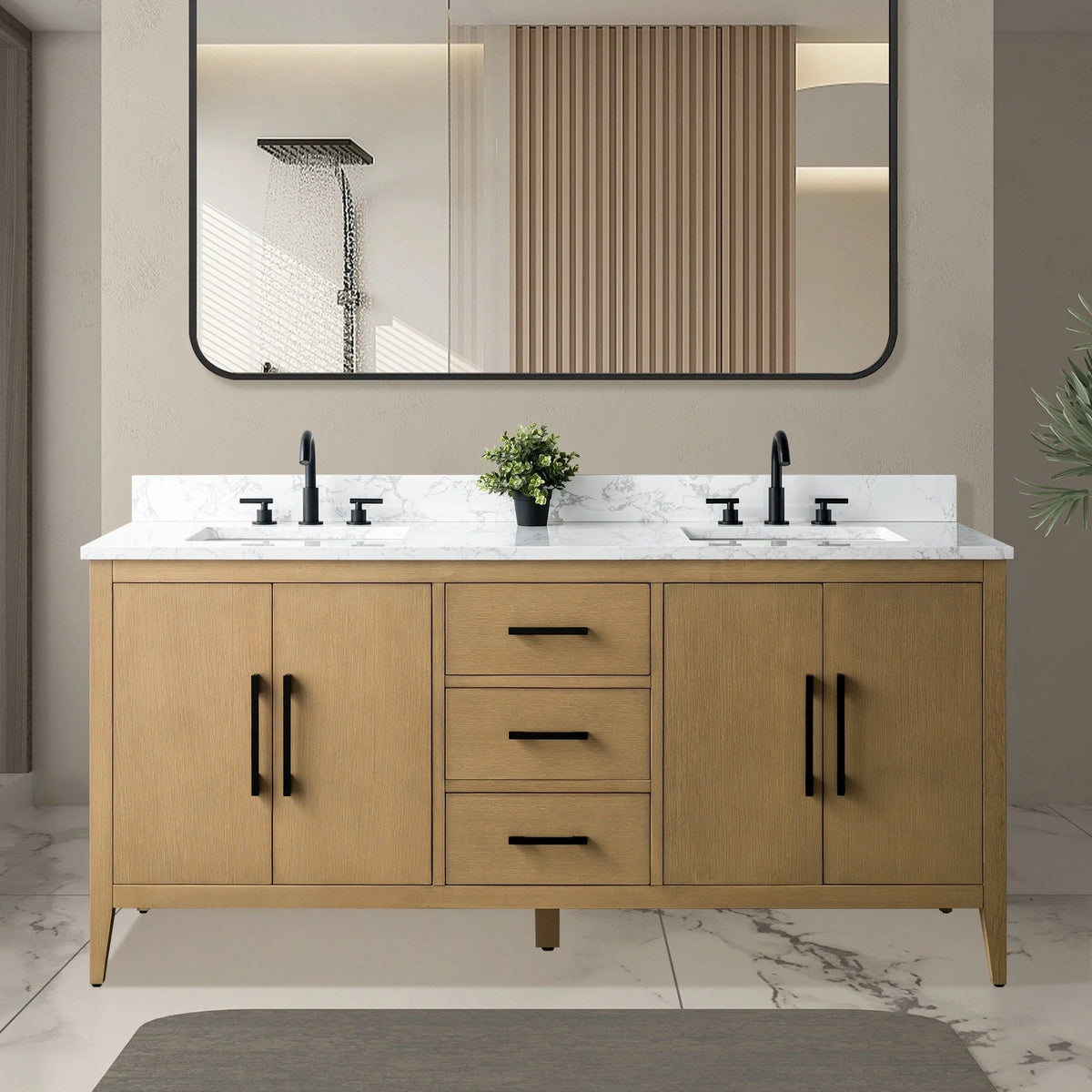 Vanity Art 72 Zoll Badezimmer-Waschtischunterschrank mit Doppelwaschbecken und Kunstmarmorplatte