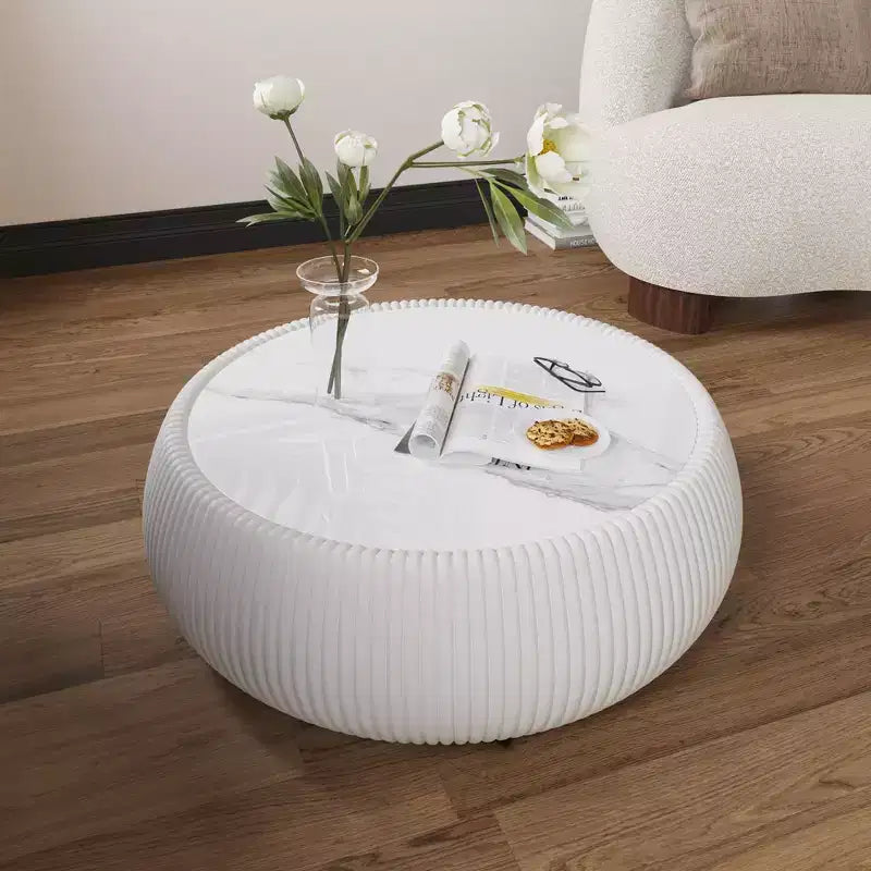 Okak Moderner runder Trommel Couchtisch mit Marmorplatte und Lederseite, Modischer Beistelltisch für Wohnzimmer, Schlafzimmer