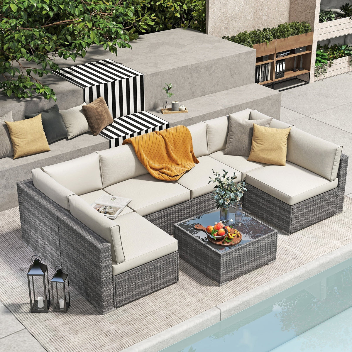 7-teiliges Outdoor-Sofa-Set aus Korbweide/Stahl mit Polstern