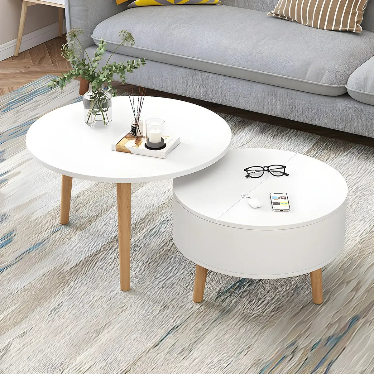 Schwarz Weiß Moderner Runder Couchtisch aus Holz mit Stauraum