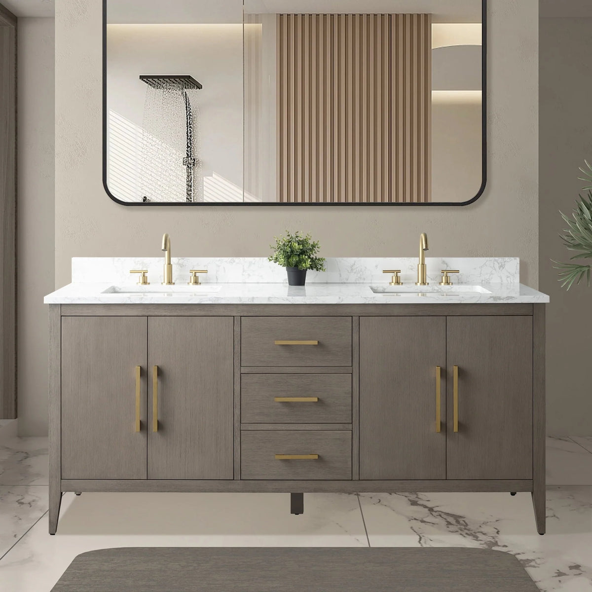 Vanity Art 72 Zoll Badezimmer-Waschtischunterschrank mit Doppelwaschbecken und Kunstmarmorplatte