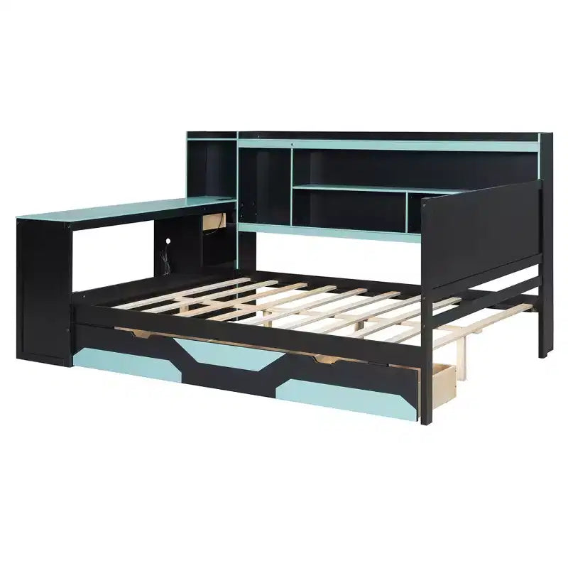 Gaming-Tagesbett (Queen-Size/Full-Size) mit Kopfteilregal, LED-Beleuchtung, integriertem Schreibtisch, Schubladen und Ladestation