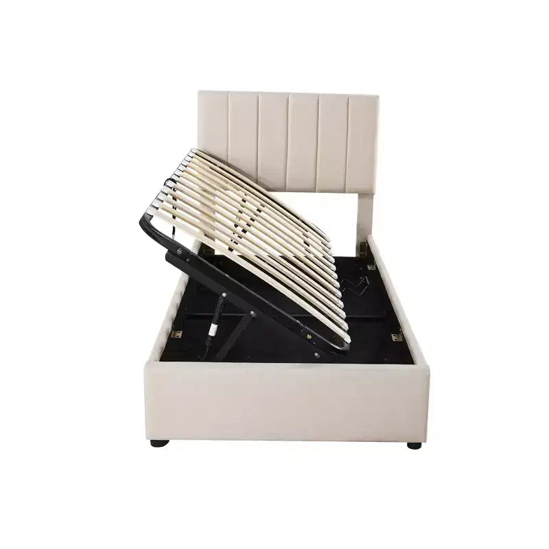 Bellemave Einzelbett mit Hochklappfunktion, Gepolstertes Plattformbett mit hydraulischem Aufbewahrungssystem, Kopfteil mit vertikalen Streifen, Beige