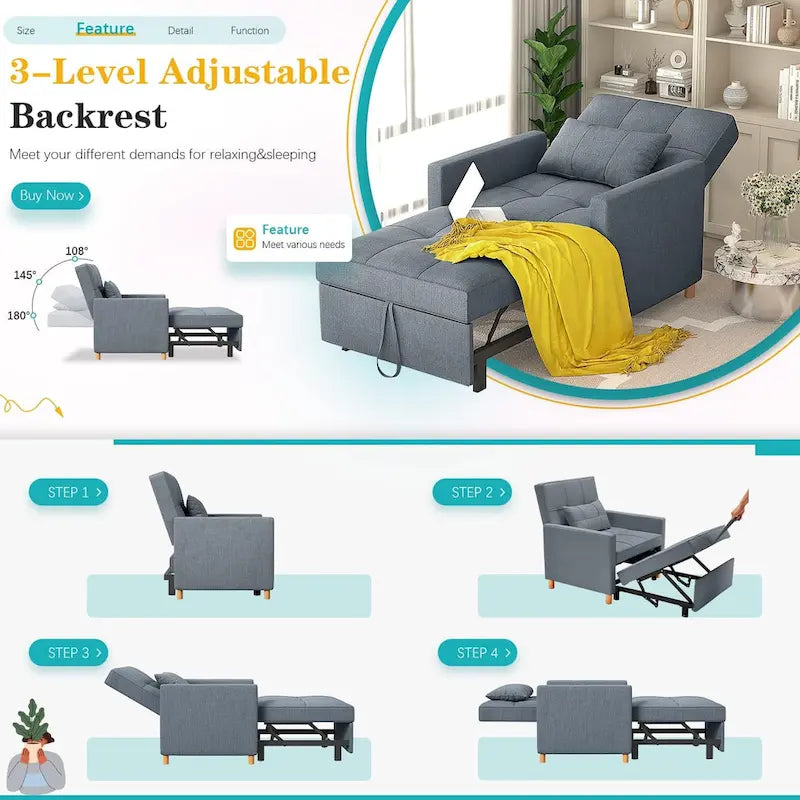AECOJOY 3-in-1 Schlafsofasessel mit Kissen und verstellbarer Rückenlehne