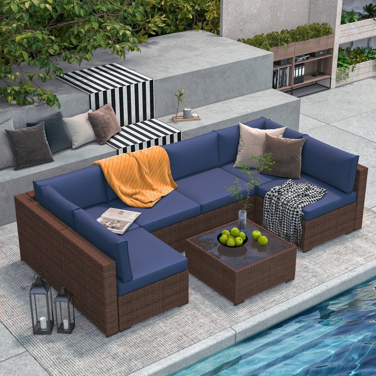 7-teiliges Outdoor-Sofa-Set aus Korbweide/Stahl mit Polstern