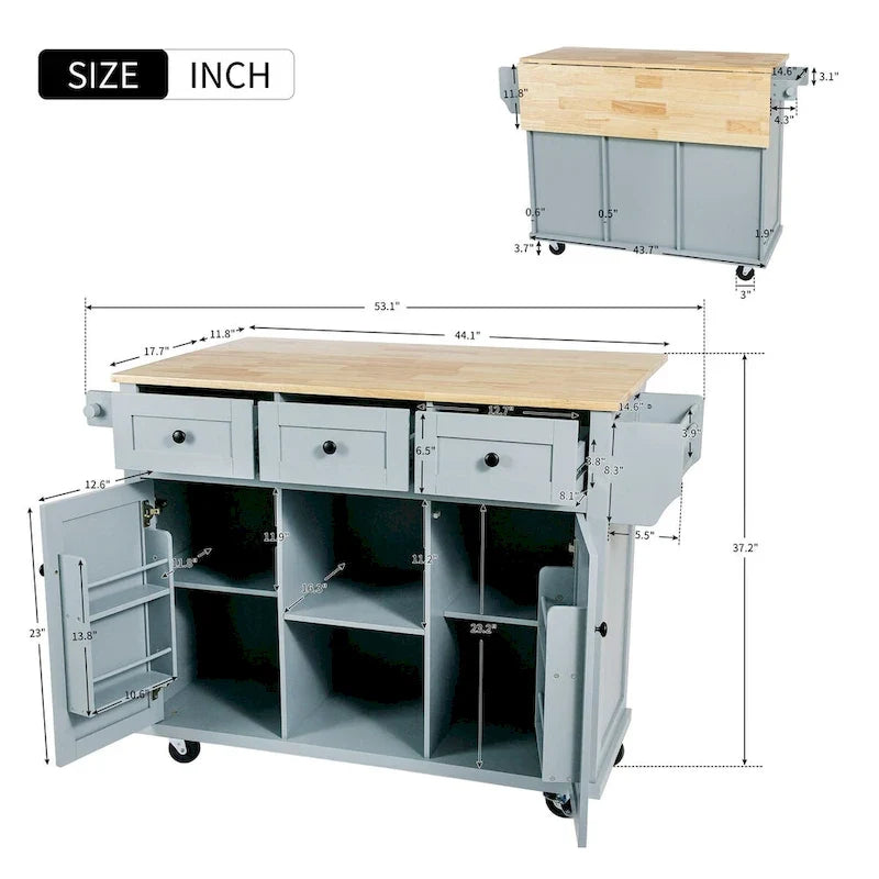 Küchenwagen mit Arbeitsplatte aus Kautschukholz und Klappflügeln