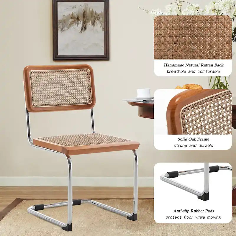 Esszimmerstühle 2er-Set, gepolsterte Küchenstühle aus Naturrattan, armlose Akzentstühle Beistellstühle