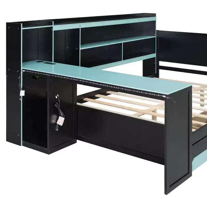 Gaming-Tagesbett (Queen-Size/Full-Size) mit Kopfteilregal, LED-Beleuchtung, integriertem Schreibtisch, Schubladen und Ladestation
