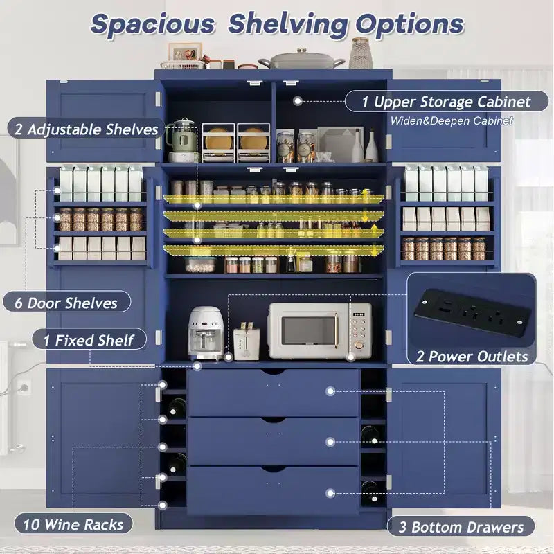 Hoher Küchenschrank mit Steckdosen, großer freistehender Schrank mit Mikrowellenständer, Schubladen, Regalen, Weinregalen und Türregal