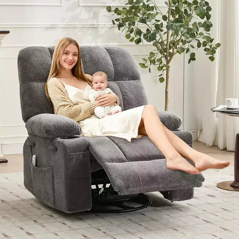 Übergroßer Relaxsessel für Erwachsene, Manueller Dreh-Schaukelsofa, Seitentaschen & Getränkehalter für Große und Schwergewichtige, Wohnzimmer
