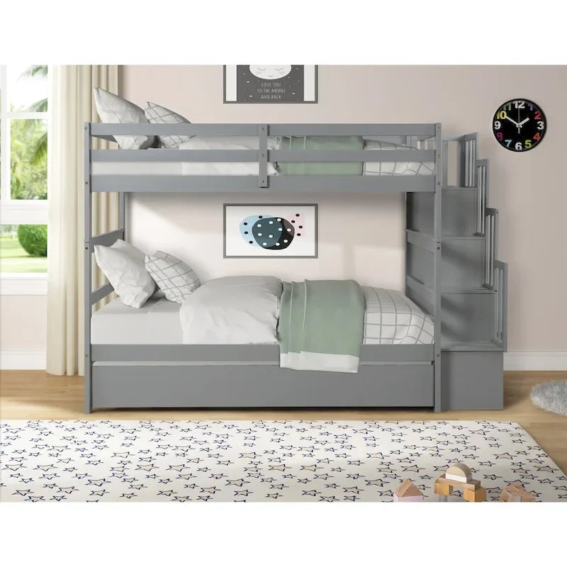 Etagenbett (Twin über Twin) mit ausziehbarem Bett und Treppe mit Stauraum in Grau