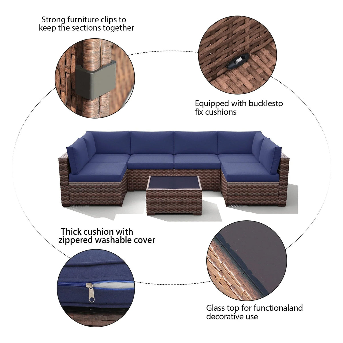 7-teiliges Outdoor-Sofa-Set aus Korbweide/Stahl mit Polstern