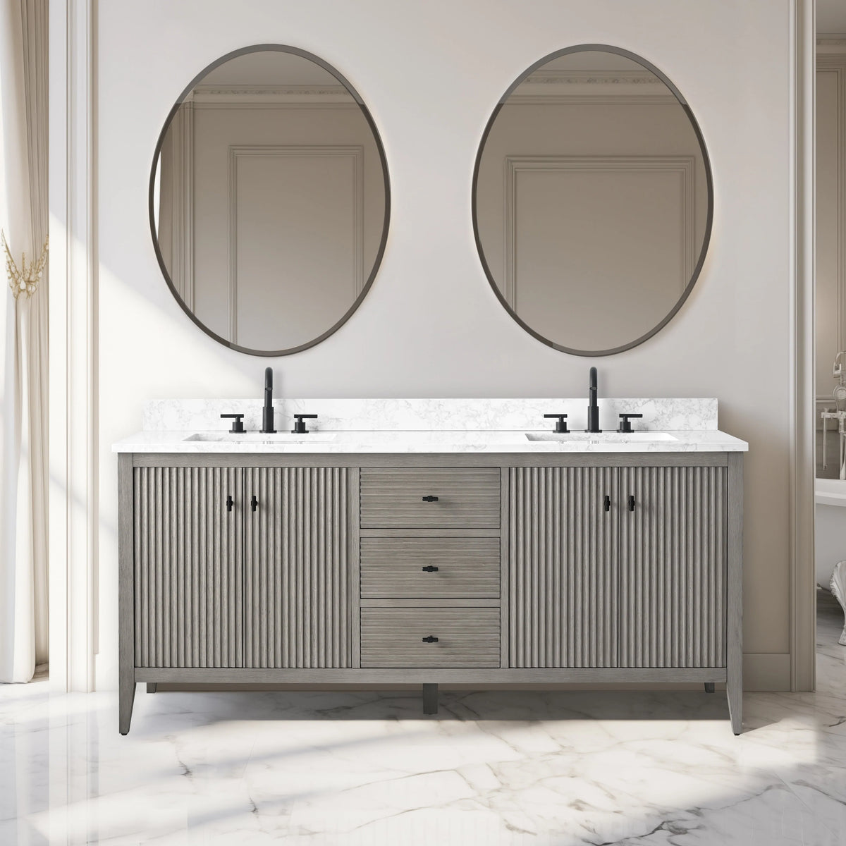 Vanity Art 72 Zoll Badezimmer-Waschtischunterschrank mit Doppelwaschbecken und Kunstmarmorplatte