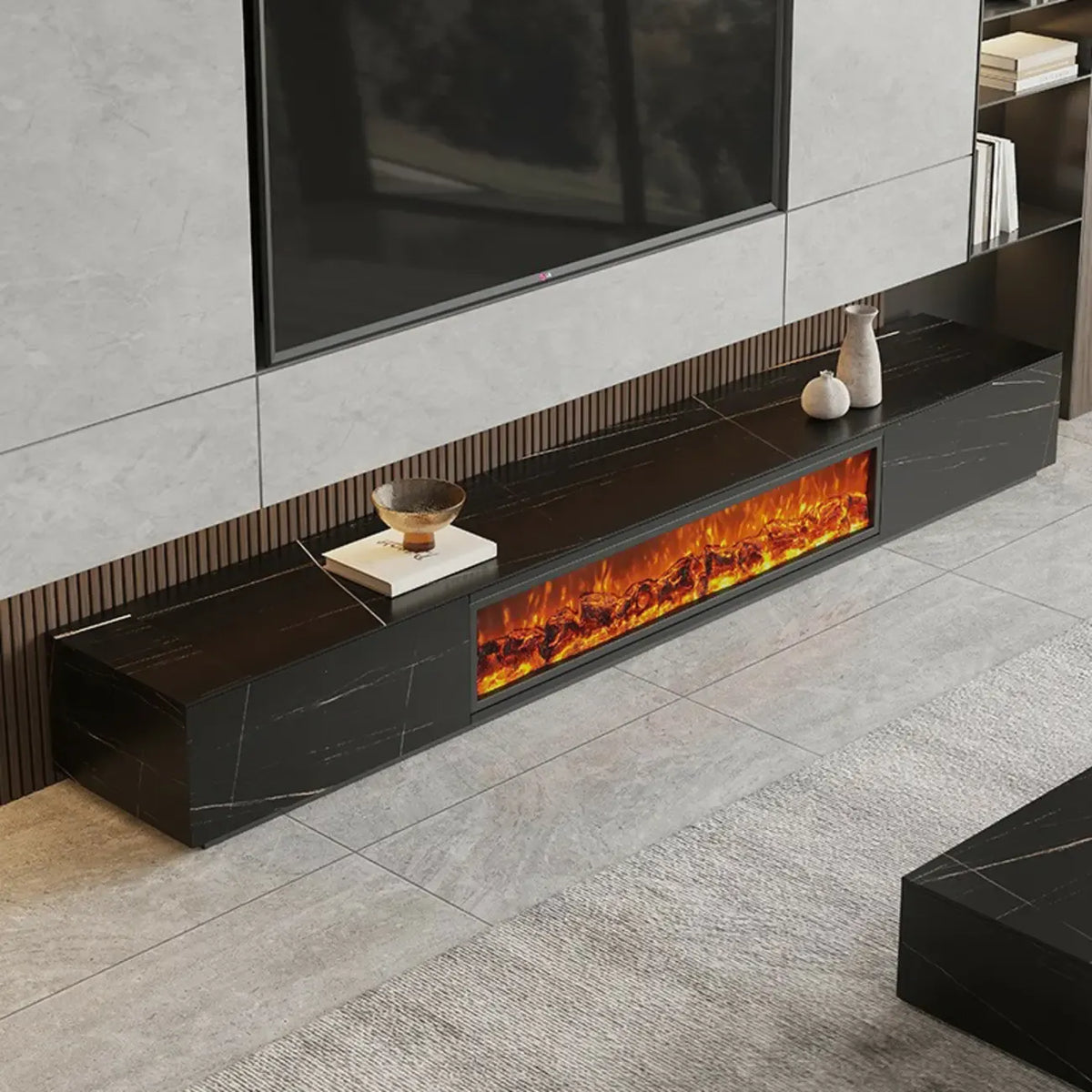 87 Rechteckiger schwarzer elektrischer Kamin-TV-Ständer aus Stein mit Beleuchtung
