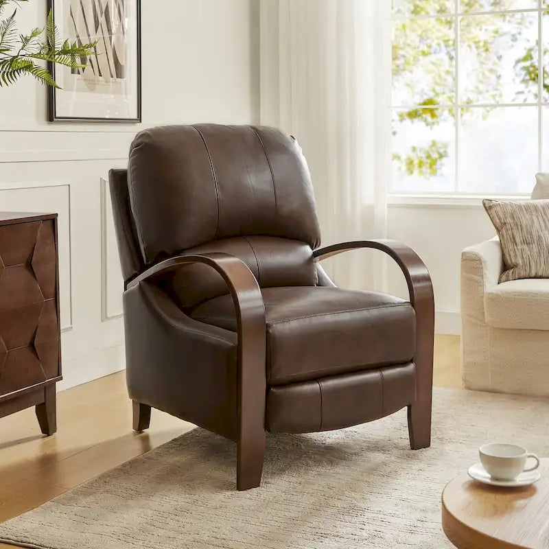 Alex Mid-Century Modern Zigarren-Sessel aus echtem Leder mit manueller Relaxfunktion und geschwungenen Holzarmlehnen