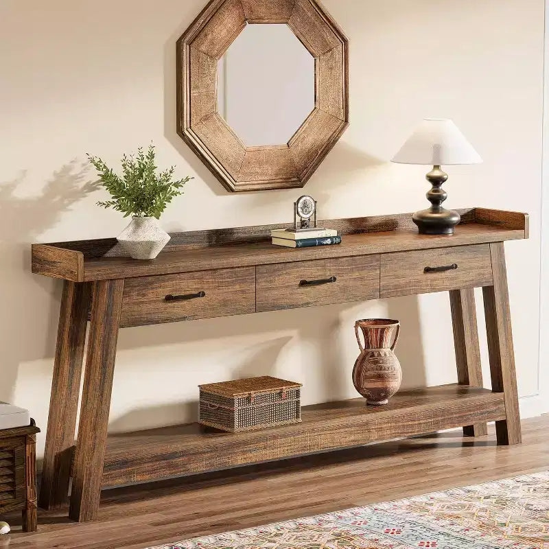 Lantine 2-stöckiger Sofatisch mit 3 Schubladen, 180 cm Konsolentisch mit erhöhter Ablage und Staufächern für Wohnzimmer, Flur, Eingangsbereich