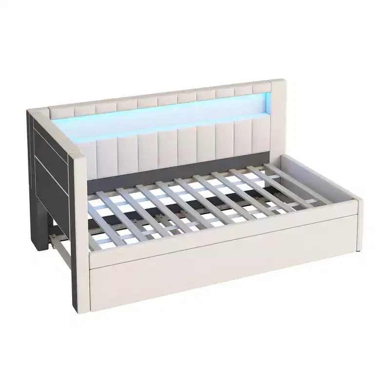 Einzel-/Doppel-Tagesbett mit Ausziehbett und L-förmigem Bücherregal-Kopfteil, gepolstertes Eckbett aus Leinen mit Ablageregalen und LED-Beleuchtung