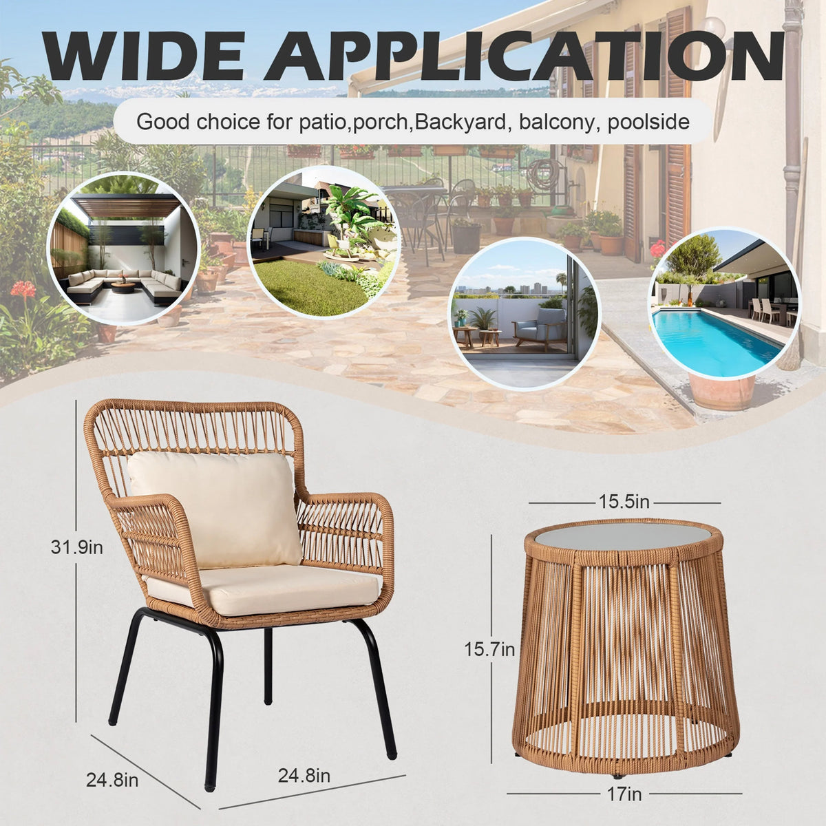 3-teiliges Outdoor-Bistro-Set aus Korbstühlen, witterungsbeständige Rattanmöbel-Sitzgruppe mit Kissen