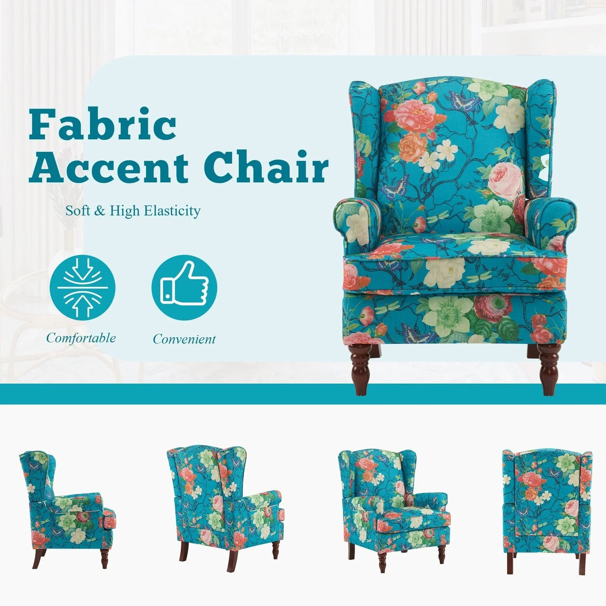 Erommy Moderner Akzentsessel, Hochlehniger Sessel, Gepolsterter Stoff-Knopf-Einzelsessel mit Holzbeinen für das Wohnzimmer