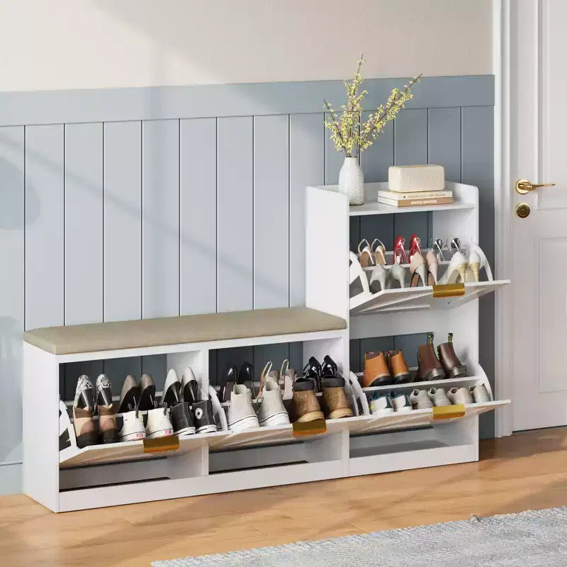 Bauernhaus-Schuhschrank mit Sitzbank, 4 Klappfächer, Schuhaufbewahrung im Eingangsbereich mit gepolstertem Sitz, freistehende Schuhregalbank